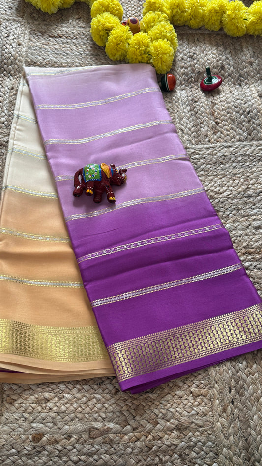 Pure Mysore Silk Sarees - Bespoke Drapes - Beige and Purple