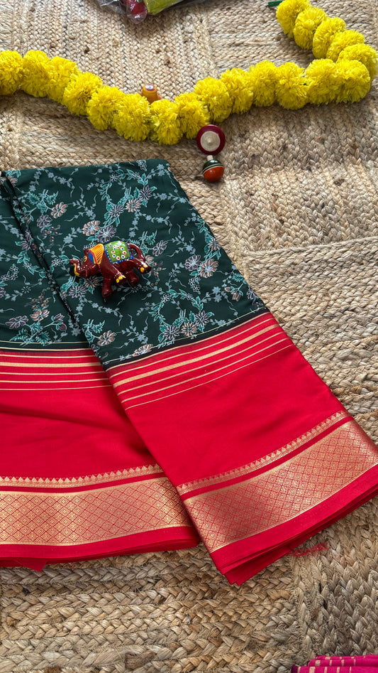 Digital Print 2D Saree - Green and Red