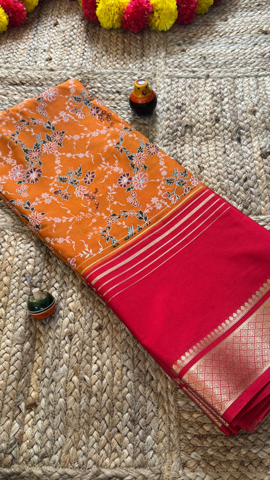 Digital Print 2D Saree - Mustard Yellow and Pink
