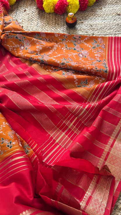 Digital Print 2D Saree - Mustard Yellow and Pink