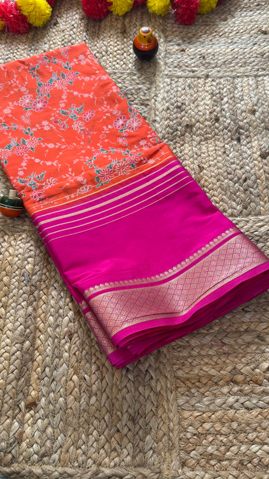 Digital Print 2D Saree - Orange and Pink