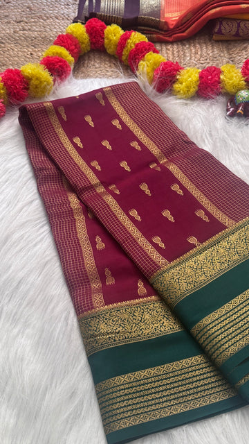 Pure Mysore Silk Saree - Jhumka Zari 2D Maroon and Green