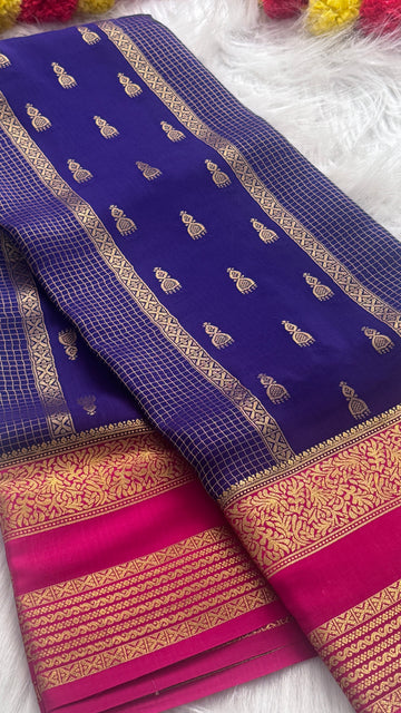 Pure Mysore Silk Saree - Jhumka Zari 2D Royal Blue and Pink