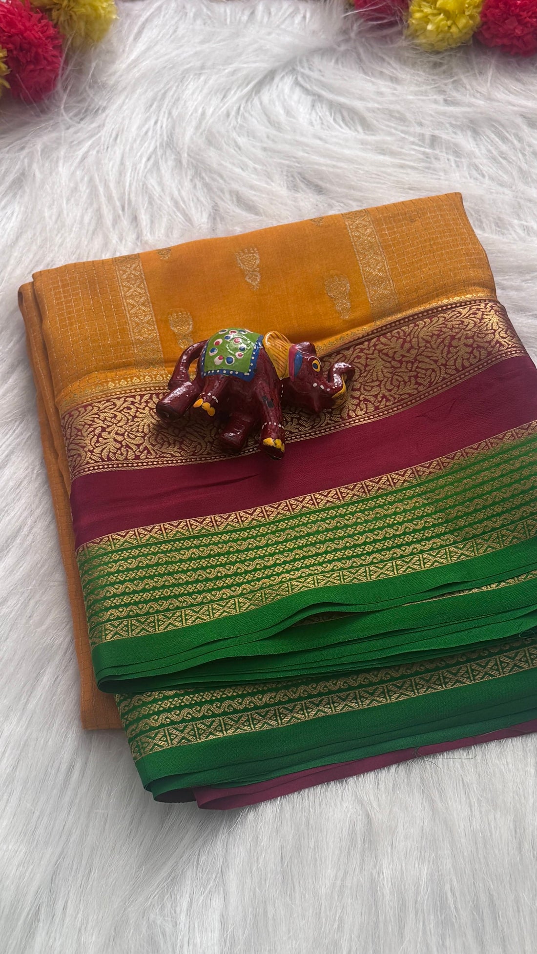 Pure Mysore Silk Saree - Jhumka Zari 3D Orange Maroon and Green