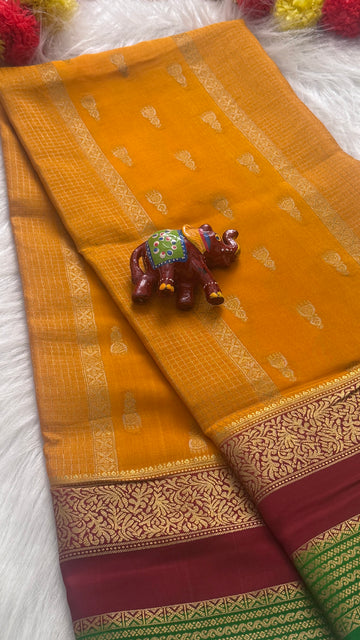 Pure Mysore Silk Saree - Jhumka Zari 3D Orange Maroon and Green