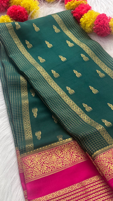 Pure Mysore Silk Saree - Jhumka Zari 2D Dark Green and Pink