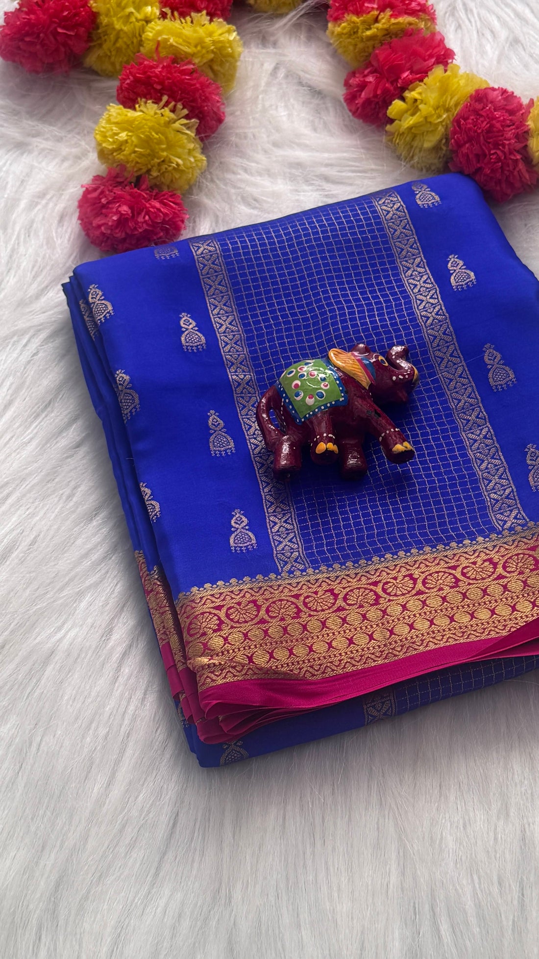 Pure Mysore Silk Saree - Jhumka Zari 2D Dark Blue and Pink