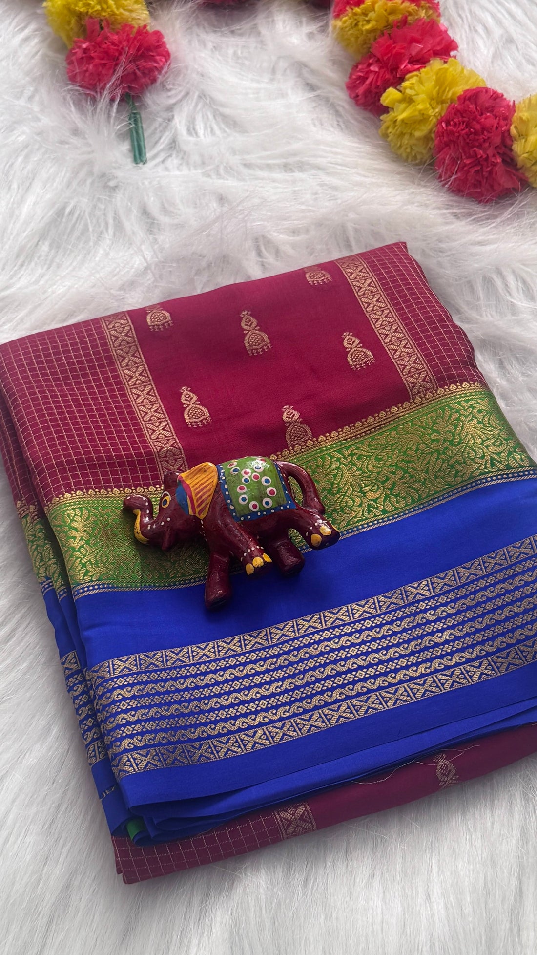 Pure Mysore Silk Saree - Jhumka Zari 3D Maroon, Blue and Green