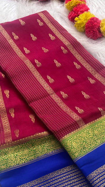 Pure Mysore Silk Saree - Jhumka Zari 3D Maroon, Blue and Green