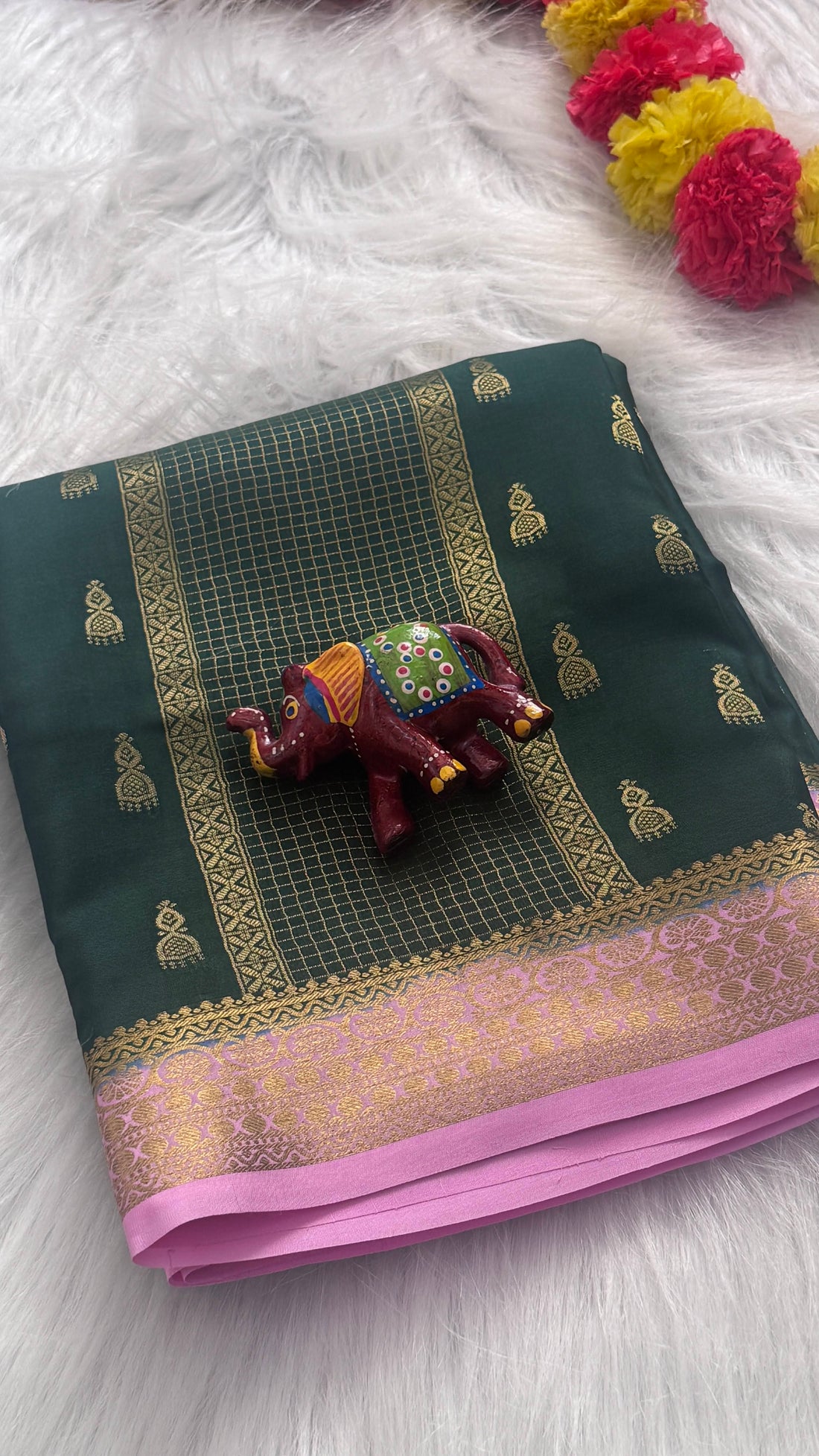 Pure Mysore Silk Saree - Jhumka Zari 2D Dark Green and Light Pink