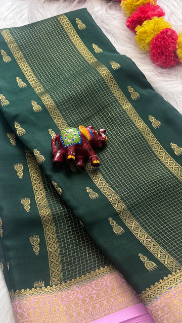 Pure Mysore Silk Saree - Jhumka Zari 2D Dark Green and Light Pink
