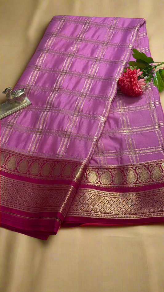 Semi Silk Sarees - Stripes and Zari Boarder Lilac and Magenta