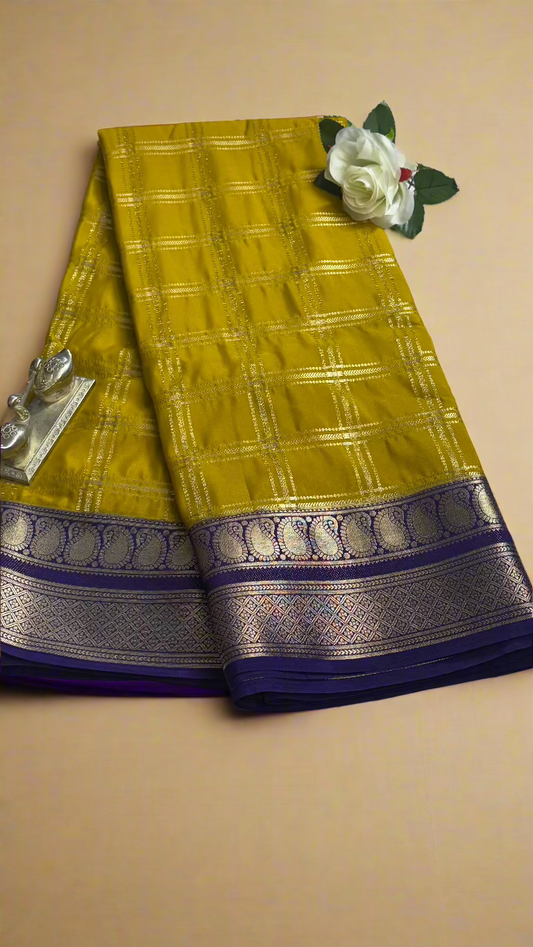 Semi Silk Sarees - Stripes and Zari Boarder Mustard and Blue