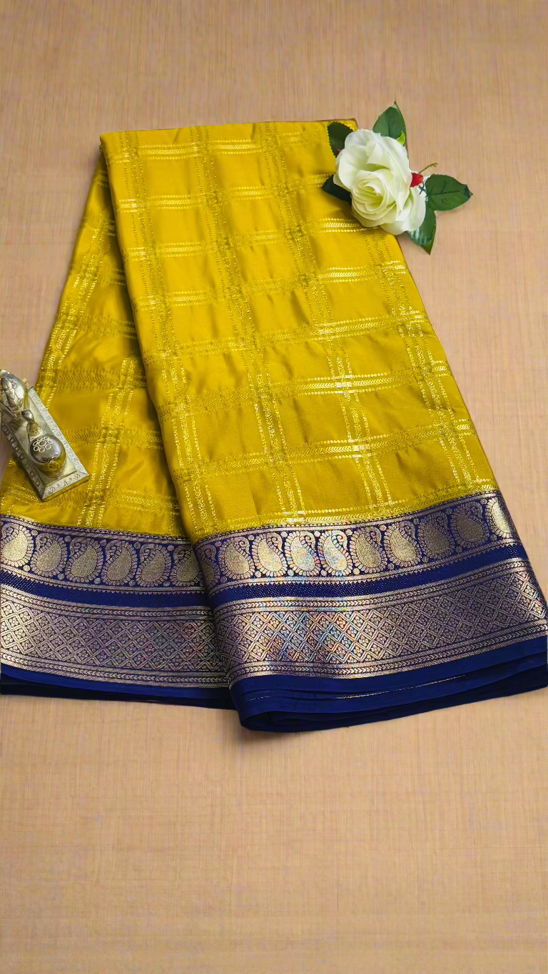 Semi Silk Sarees - Stripes and Zari Boarder Mustard and Blue