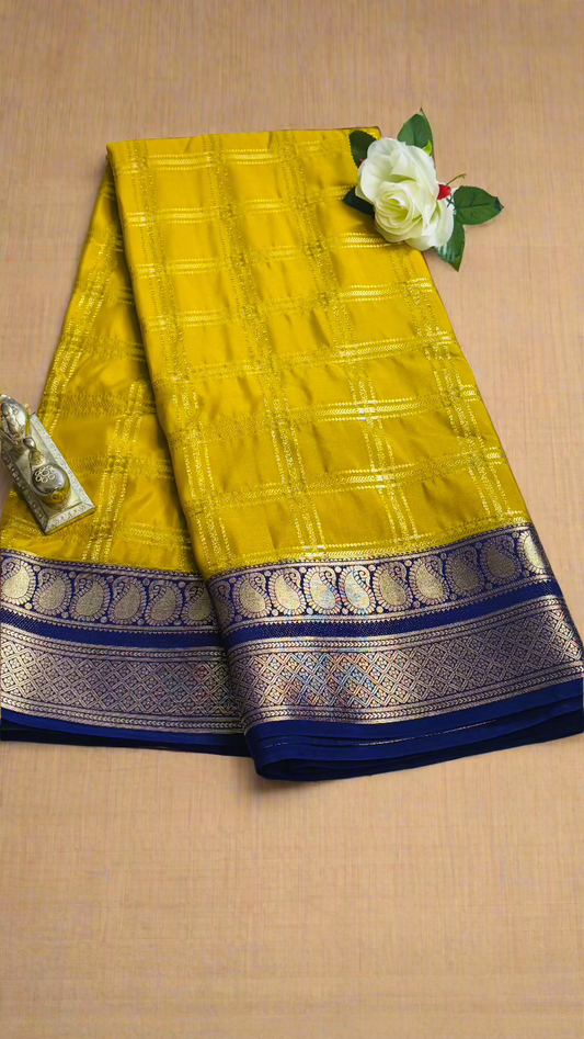 Semi Silk Sarees - Stripes and Zari Boarder Mustard and Blue