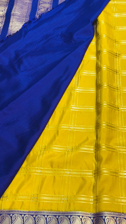 Semi Silk Sarees - Stripes and Zari Boarder Mustard and Blue