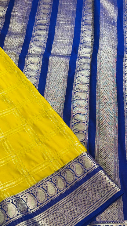 Semi Silk Sarees - Stripes and Zari Boarder Mustard and Blue