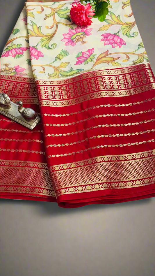 Semi Silk Sarees with Stripes - Off White and Red Cherry