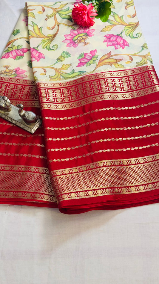 Semi Silk Sarees with Stripes - Off White and Red Cherry