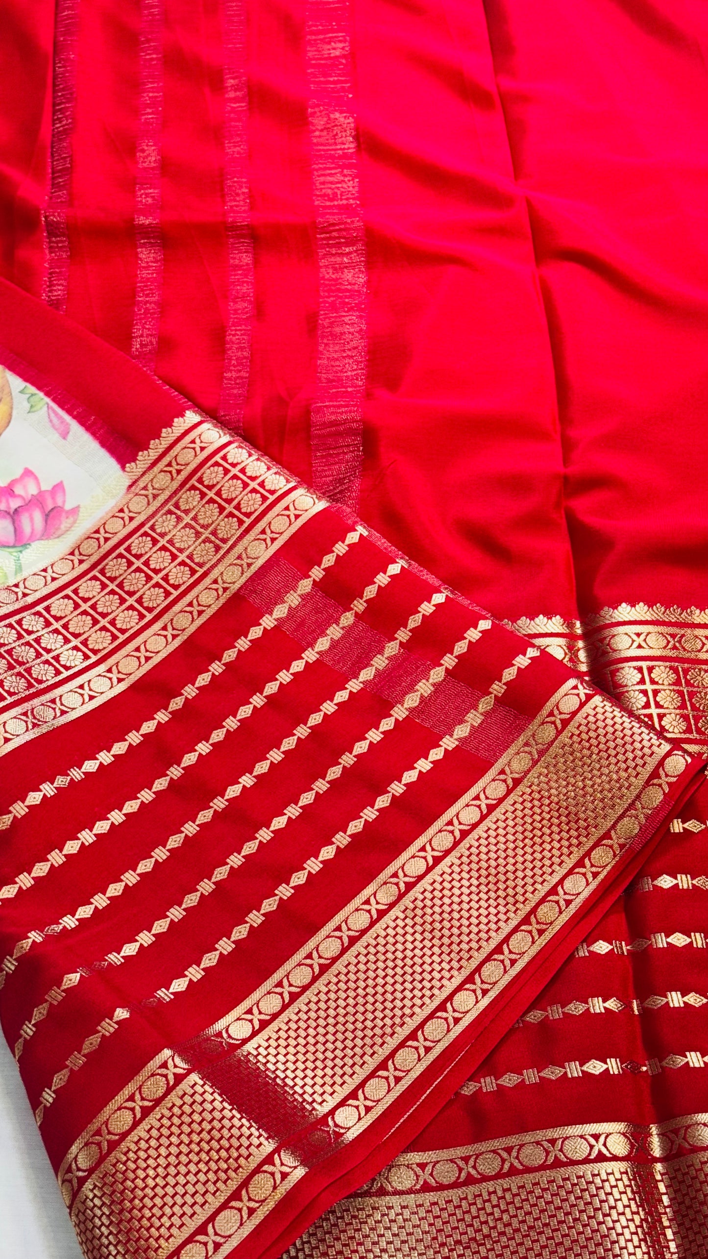Semi Silk Sarees with Stripes - Off White and Red Cherry