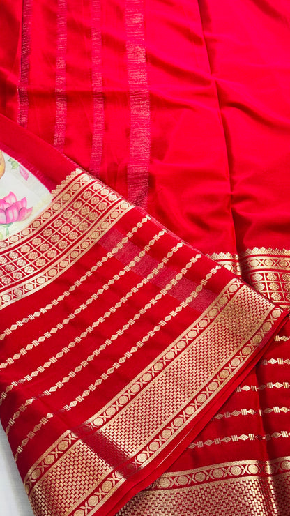 Semi Silk Sarees with Stripes - Off White and Red Cherry