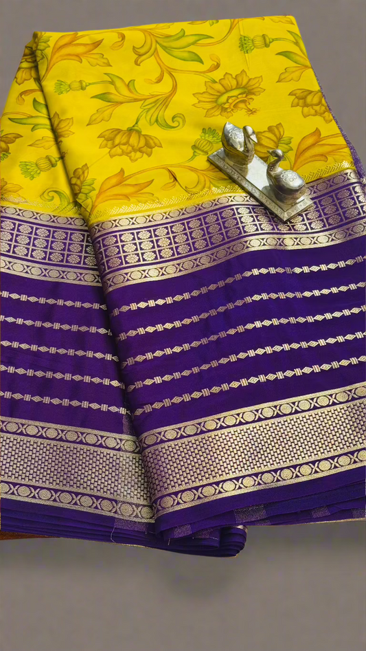 Semi Silk Sarees with Stripes - Mustard Print and Purple