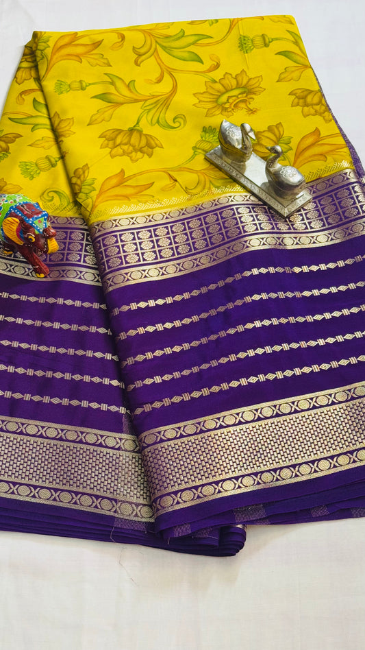 Semi Silk Sarees with Stripes - Mustard Print and Purple
