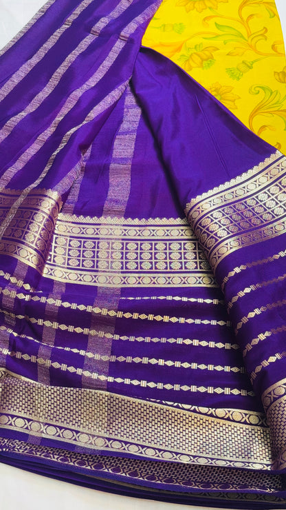 Semi Silk Sarees with Stripes - Mustard Print and Purple
