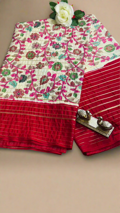 Semi Silk Sarees - Flower print Off white and red