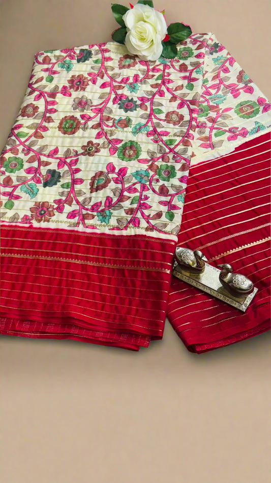 Semi Silk Sarees - Flower print Off white and red