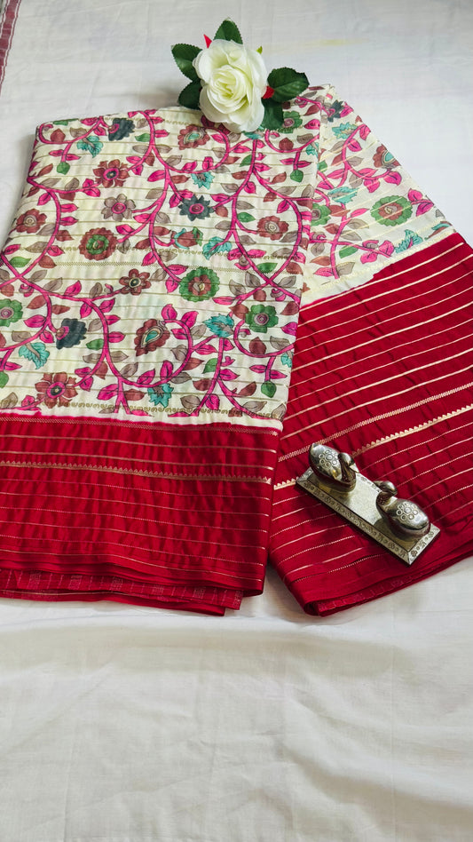 Semi Silk Sarees - Flower print Off white and red