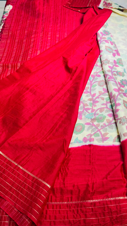 Semi Silk Sarees - Flower print Off white and red