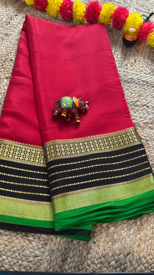 Pure Mysore Silk Saree - Boarder Lines Maroon + Black + Green