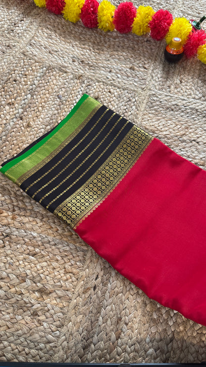 Pure Mysore Silk Saree - Boarder Lines Maroon + Black + Green