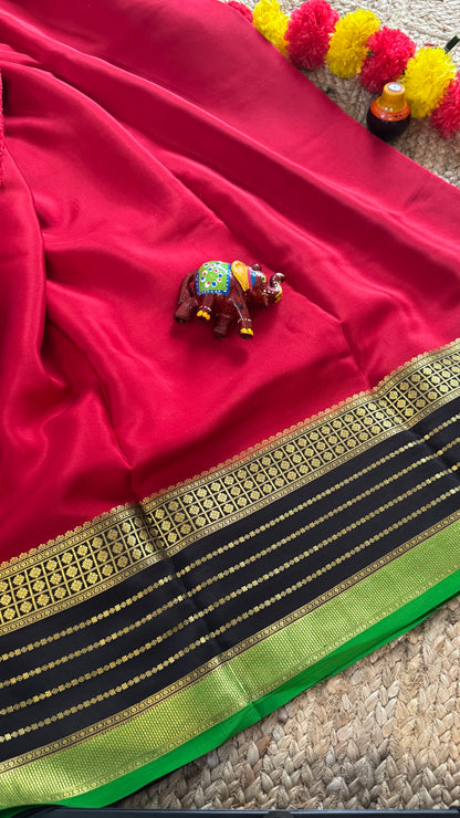 Pure Mysore Silk Saree - Boarder Lines Maroon + Black + Green