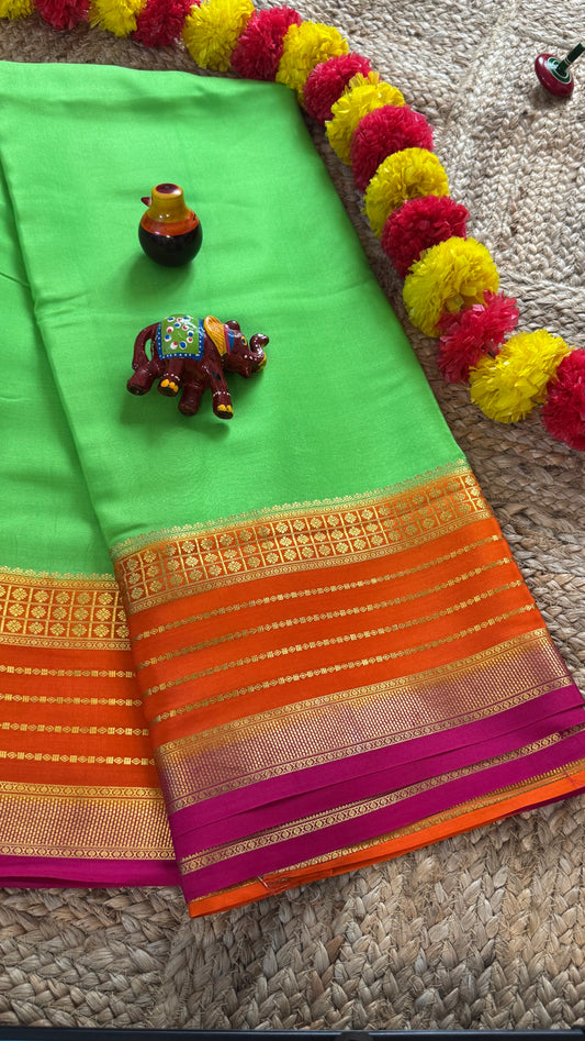 Pure Mysore Silk Saree - Boarder Lines ParrotGreen + Orange + Pink