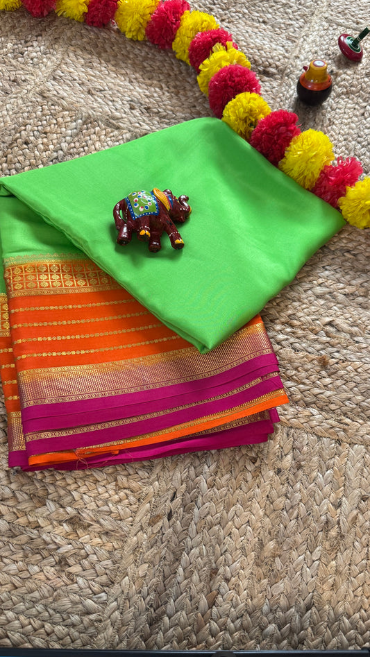 Pure Mysore Silk Saree - Boarder Lines ParrotGreen + Orange + Pink