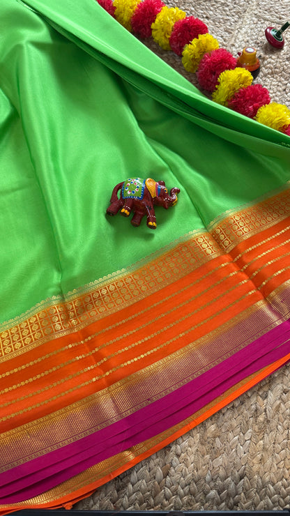 Pure Mysore Silk Saree - Boarder Lines ParrotGreen + Orange + Pink