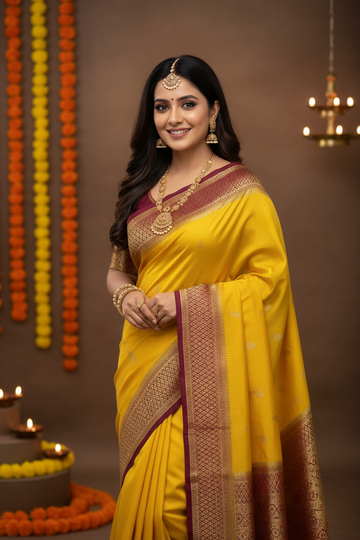 New Collections - Mysore Silk Yellow and Maroon with Zari Border