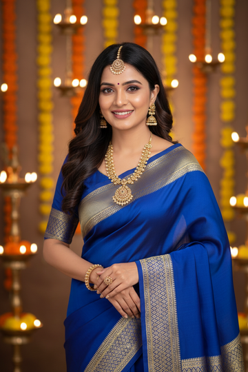 New Collections - Mysore Silk Dark Blue with Zari Border