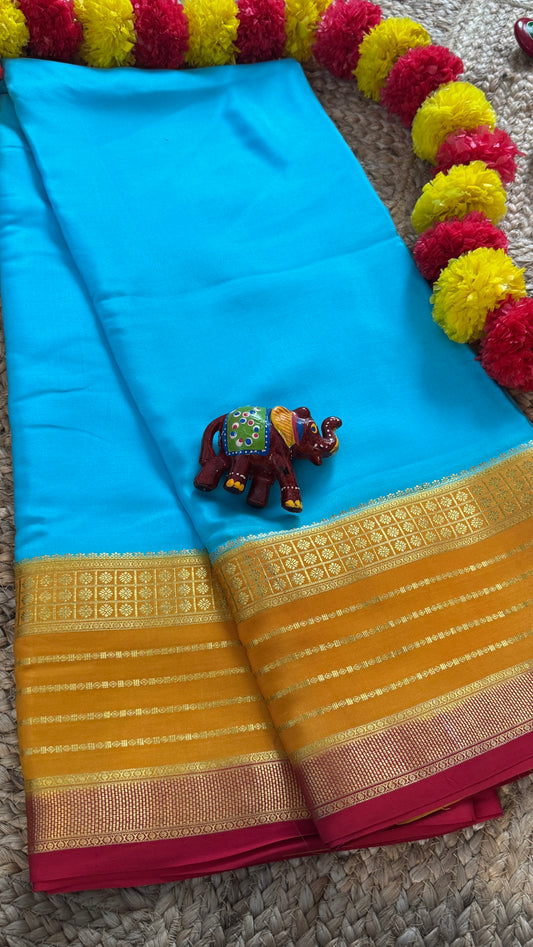 Pure Mysore Silk Saree - Boarder Lines SkyBlue + Beige + Red