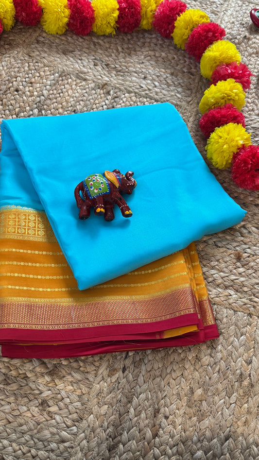 Pure Mysore Silk Saree - Boarder Lines SkyBlue + Beige + Red