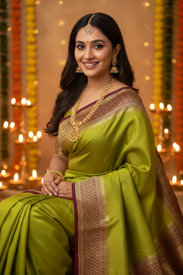 New Collections - Mysore Silk Parrot Green and Maroon with Zari Border