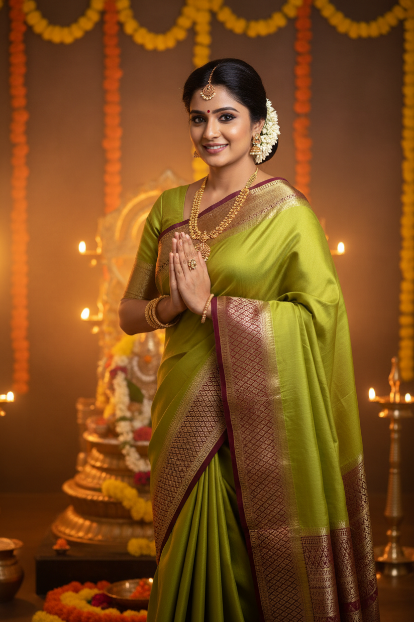 New Collections - Mysore Silk Parrot Green and Maroon with Zari Border