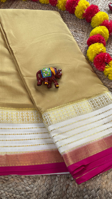 Pure Mysore Silk Saree - Border Lines Beige + White + Pink