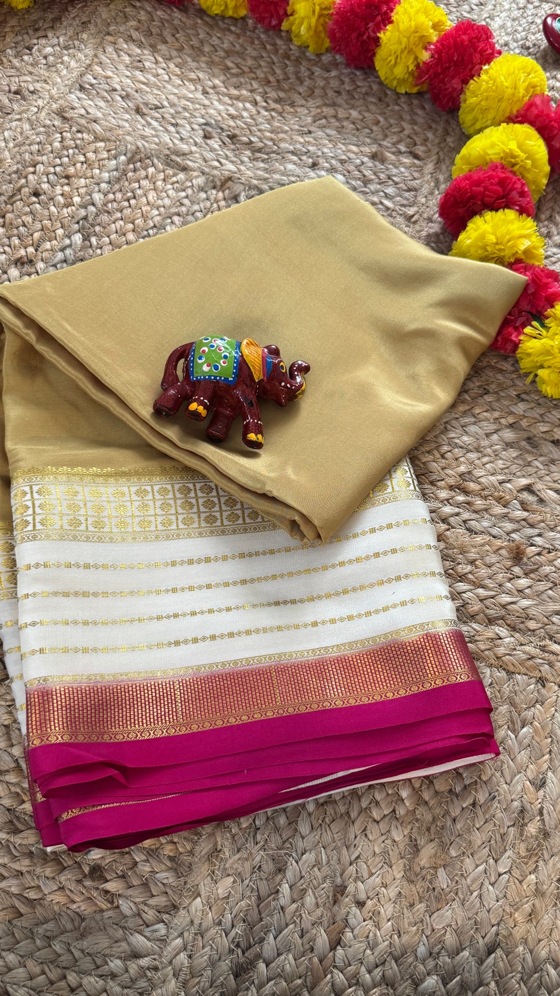 Pure Mysore Silk Saree - Border Lines Beige + White + Pink