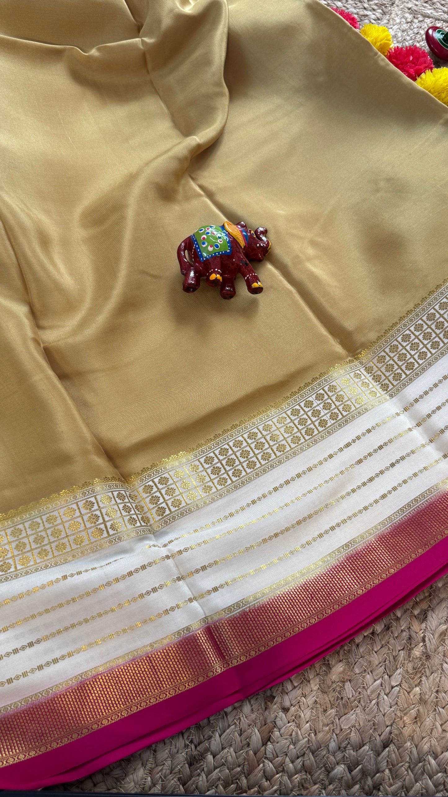 Pure Mysore Silk Saree - Boarder Lines Beige + White + Pink