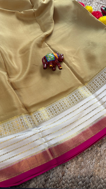 Pure Mysore Silk Saree - Boarder Lines Beige + White + Pink