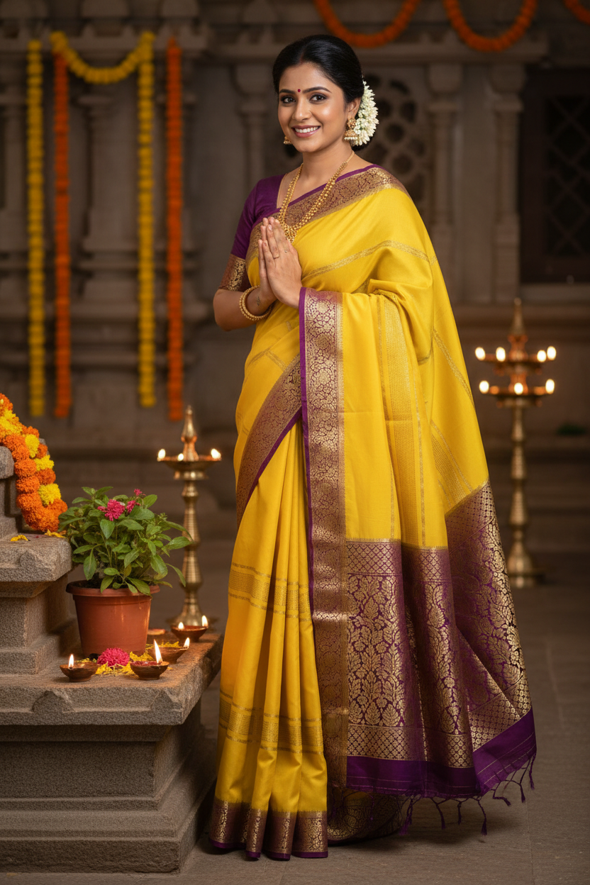 New Collections - Mysore Silk Yellow and Purple with Zari Border