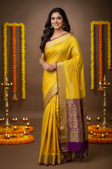 New Collections - Mysore Silk Yellow and Purple with Zari Border